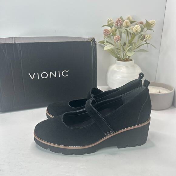 Vionic Alma Mary Jane Wedge Suede Heel Black J0866L1001 Women's 8.5M Tried On - Picture 1 of 11